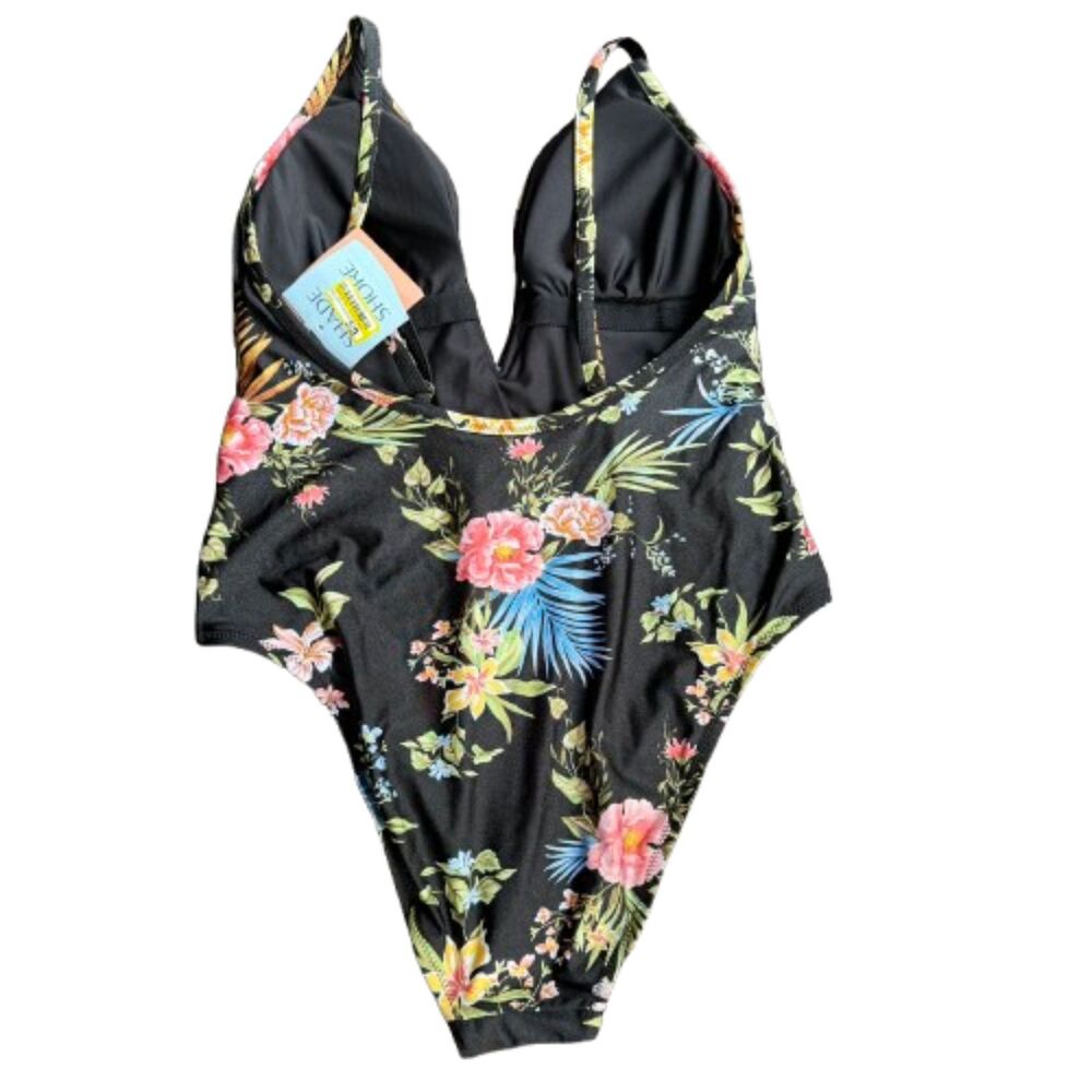 Shade & Shore Shirred V-Wire High Leg Cheeky Floral One-Piece Swimsuit Size L - Picture 2 of 3
